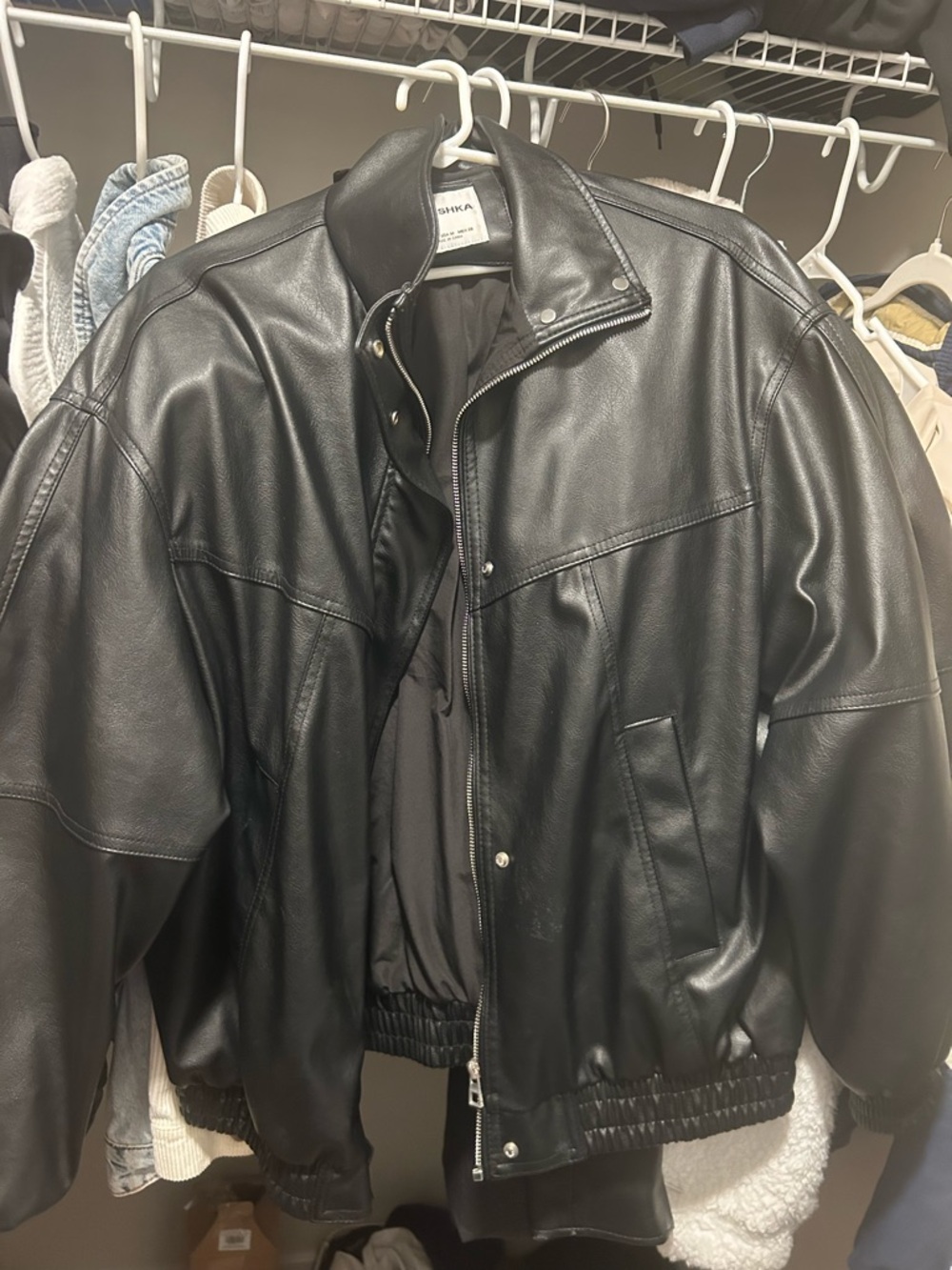 Bershka Men's Black Leather Bomber Jacket with Snap Collar